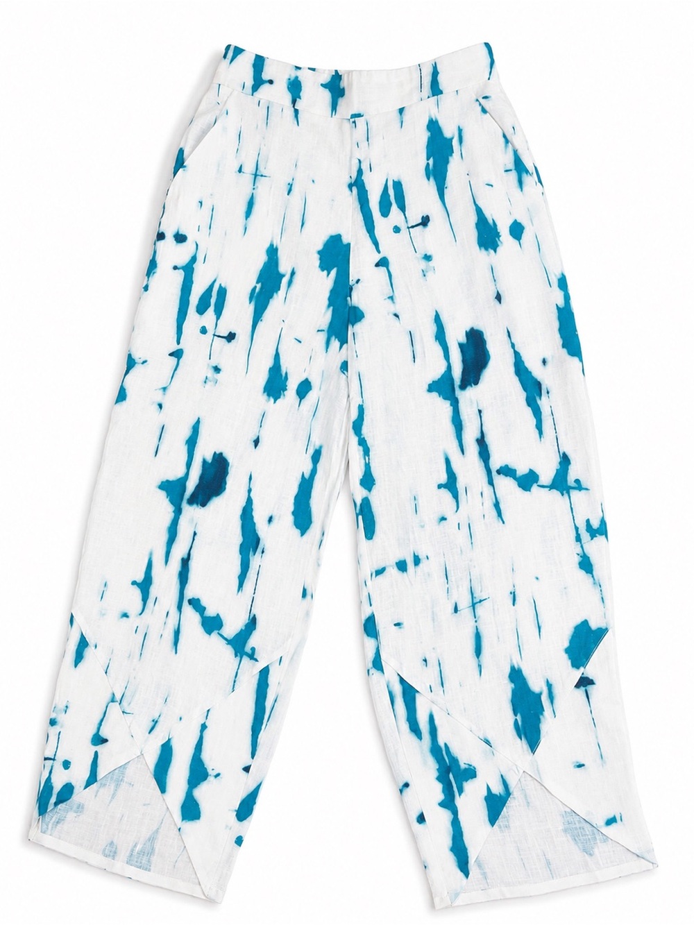 Ozai N Ku Island Linen Tulip Pants Blue White Tie Dye Cropped Lagenlook Boho S
